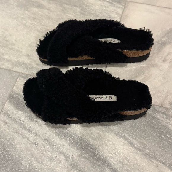 Papilio Birkenstock Black Teddy Sherpa Fuzzy Sandals Size 10/41 - Picture 4 of 9